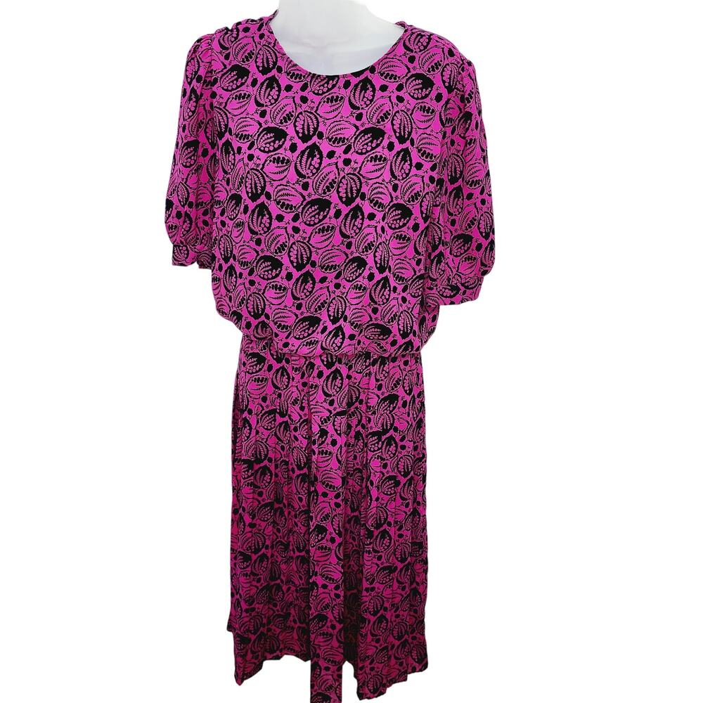 Vintage 80s Purple & Black Print Midi Dress Puff Sleeve Drop Waist USA